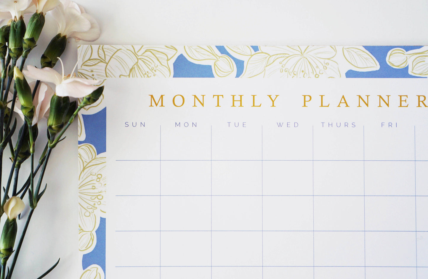 Blue and Gold Floral Monthly Planner Notepad