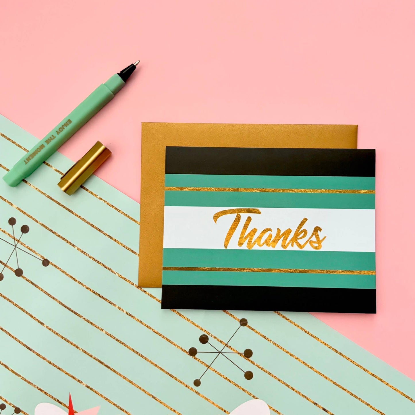 Teal Stripe and Gold Mid Century Modern Thank You Card Set
