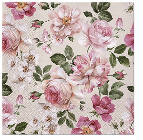Pink Roses Glory Lunch Napkins - Floral Paper Napkins: Black