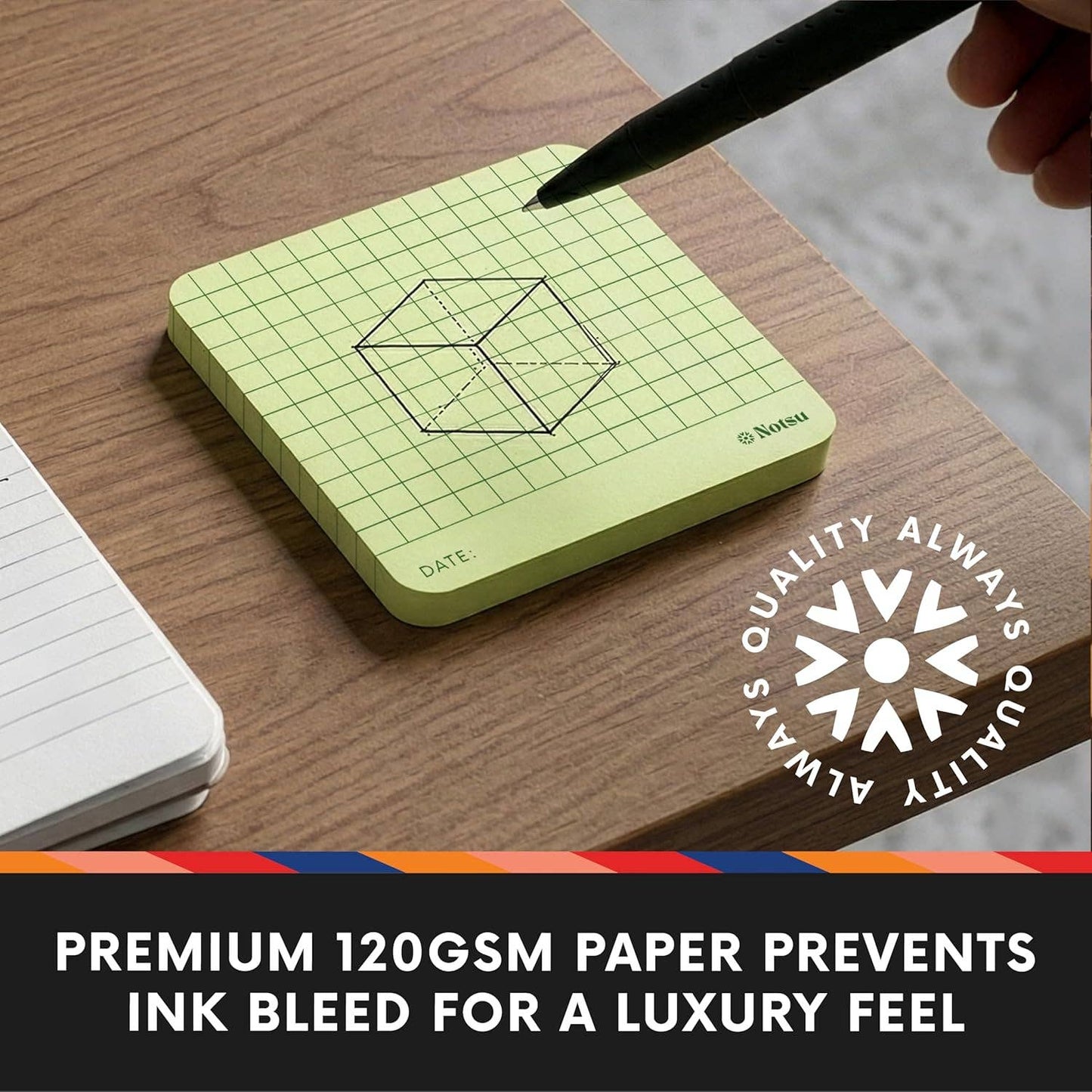 Notsu Graph Grid Sticky Notes 4pk | Premium Thick Paper 120g | Colorful Pastel Graphing Memo Pads with Date, 3" x 3"