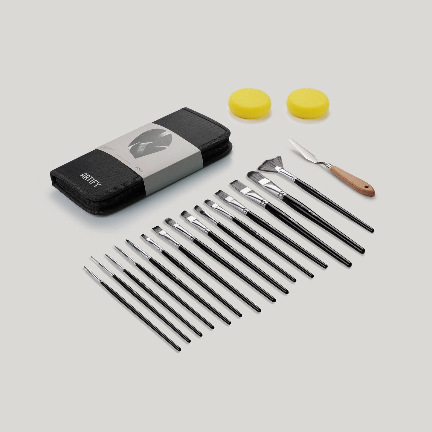 ARTIFY 15 & 18 PCS Nylon Paint Brush Set with Palette Knife & 2 Sponges, Intermediate Series: 15 pcs Pearl White
