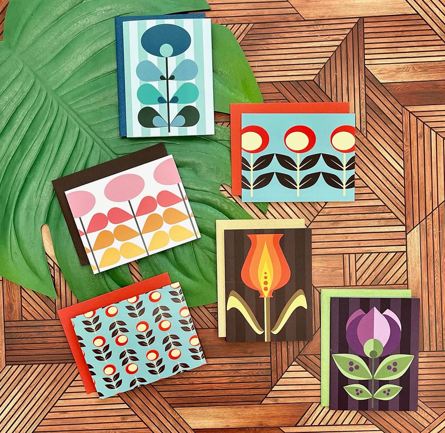 Mod Flower Blue Mid Century Modern Blank Notecard Boxed Set