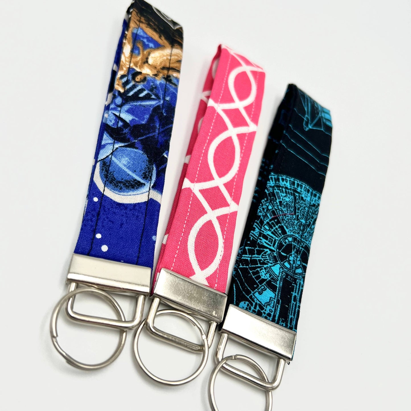 Pink & White Fabric Keychain Wristlet, Key Fob