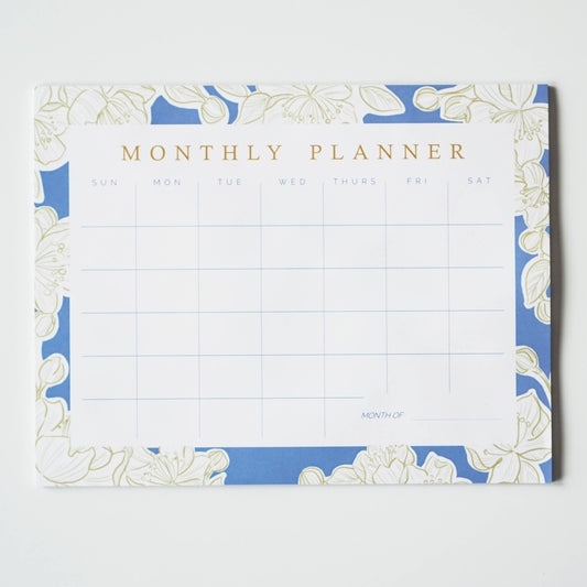 Blue and Gold Floral Monthly Planner Notepad