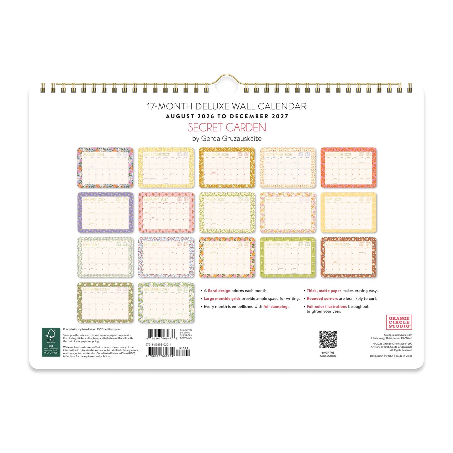 2027 Secret Garden Deluxe Wall Calendar
