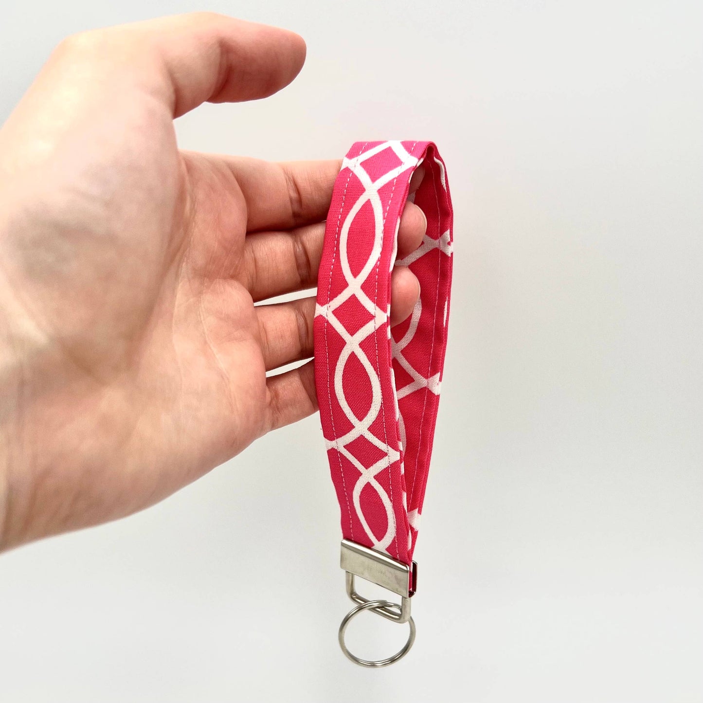 Pink & White Fabric Keychain Wristlet, Key Fob