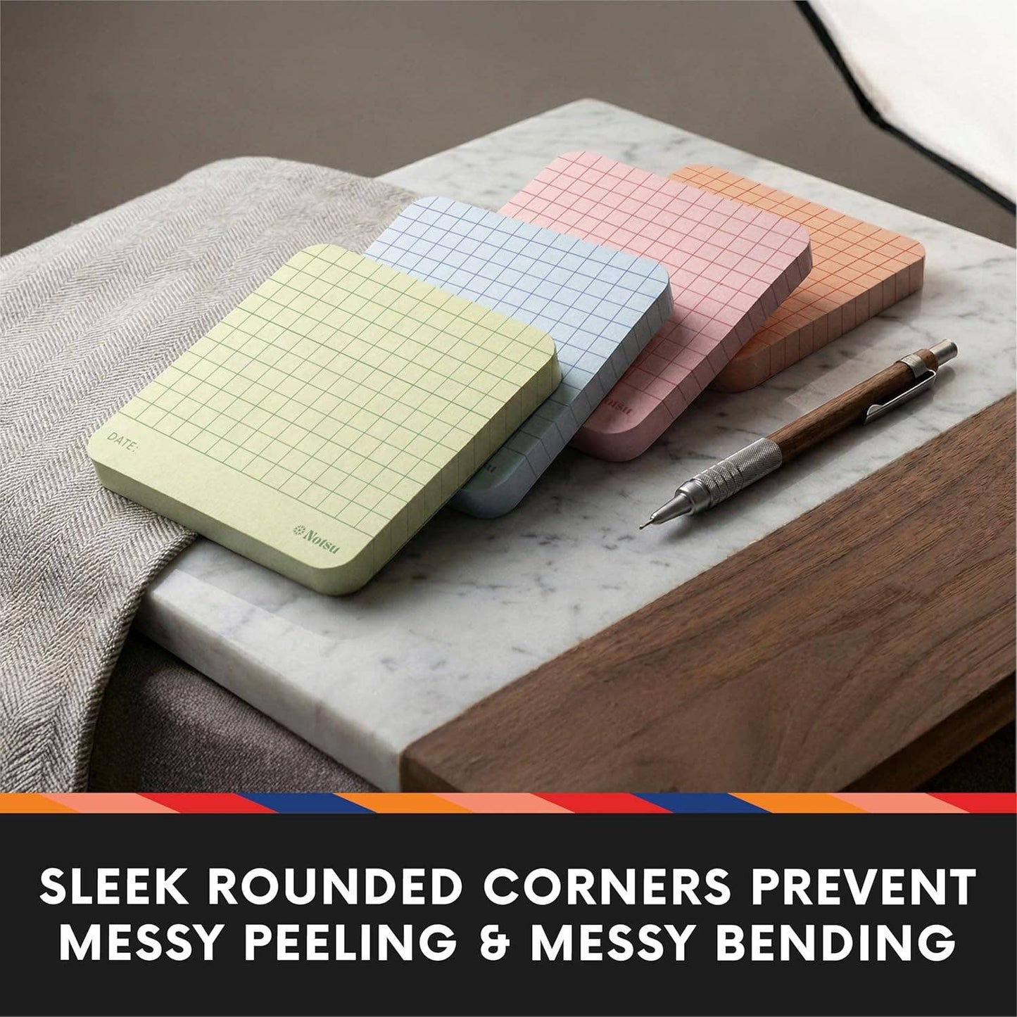 Notsu Graph Grid Sticky Notes 4pk | Premium Thick Paper 120g | Colorful Pastel Graphing Memo Pads with Date, 3" x 3"
