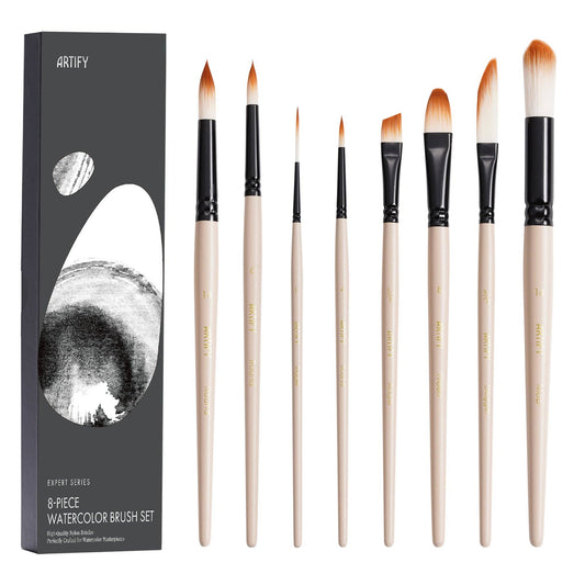 ARTIFY Professional Watercolor Gouache Paint Brush Set with Case for Beginners & Pros: 8 PCS