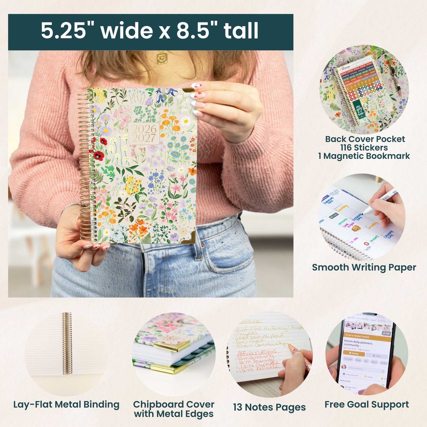 2026-27 Hard Cover Academic Planner, 5x8 Size (A5): Garden Party Beige