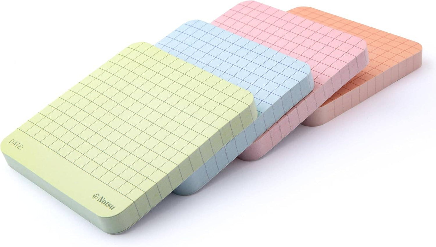 Notsu Graph Grid Sticky Notes 4pk | Premium Thick Paper 120g | Colorful Pastel Graphing Memo Pads with Date, 3" x 3"