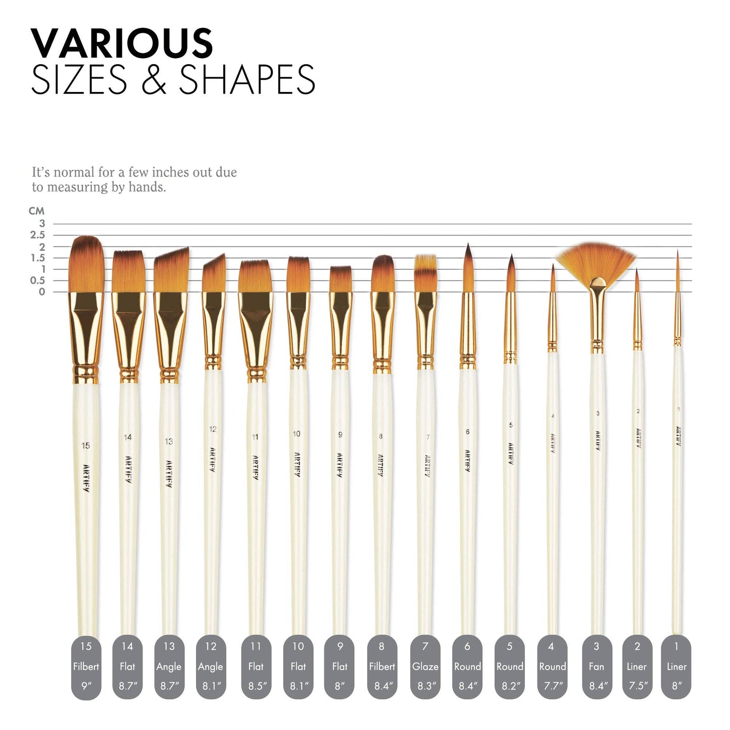 ARTIFY 15 & 18 PCS Nylon Paint Brush Set with Palette Knife & 2 Sponges, Intermediate Series: 15 pcs Pearl White