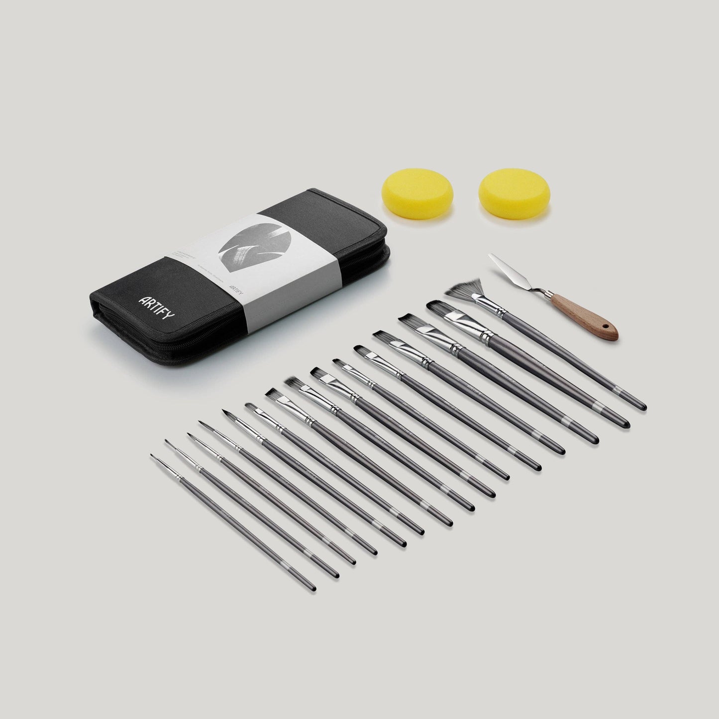 ARTIFY 15 & 18 PCS Nylon Paint Brush Set with Palette Knife & 2 Sponges, Intermediate Series: 15 pcs Pearl White