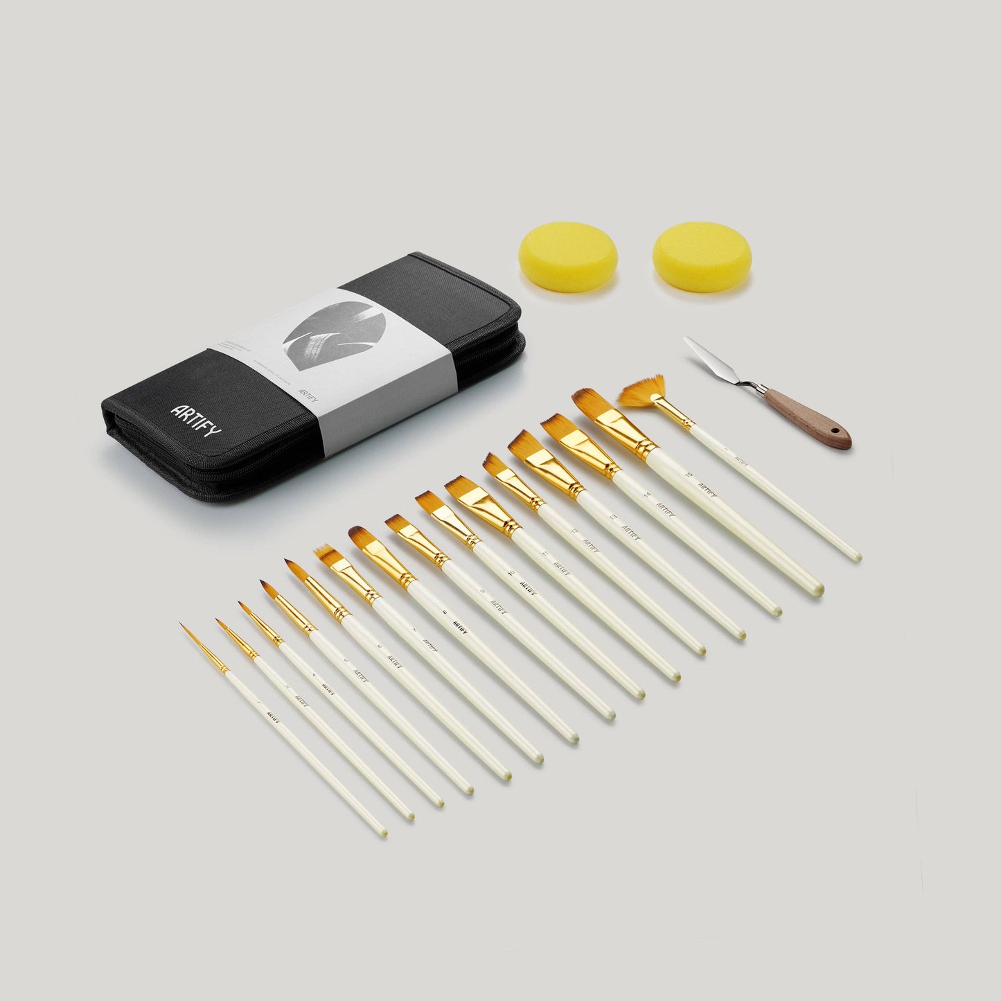 ARTIFY 15 & 18 PCS Nylon Paint Brush Set with Palette Knife & 2 Sponges, Intermediate Series: 15 pcs Pearl White
