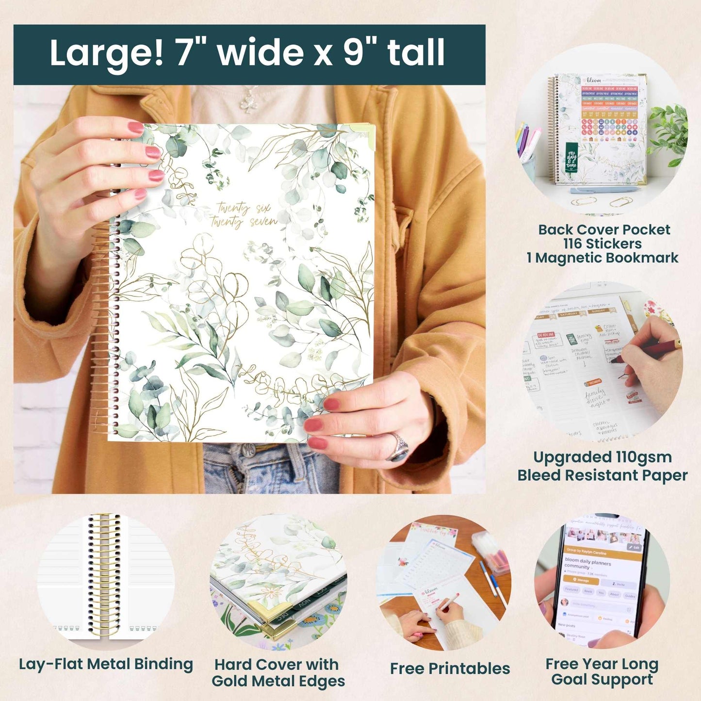 2026-27 Hard Cover Academic Vision Planner, 7x9 Size: Eucalyptus White