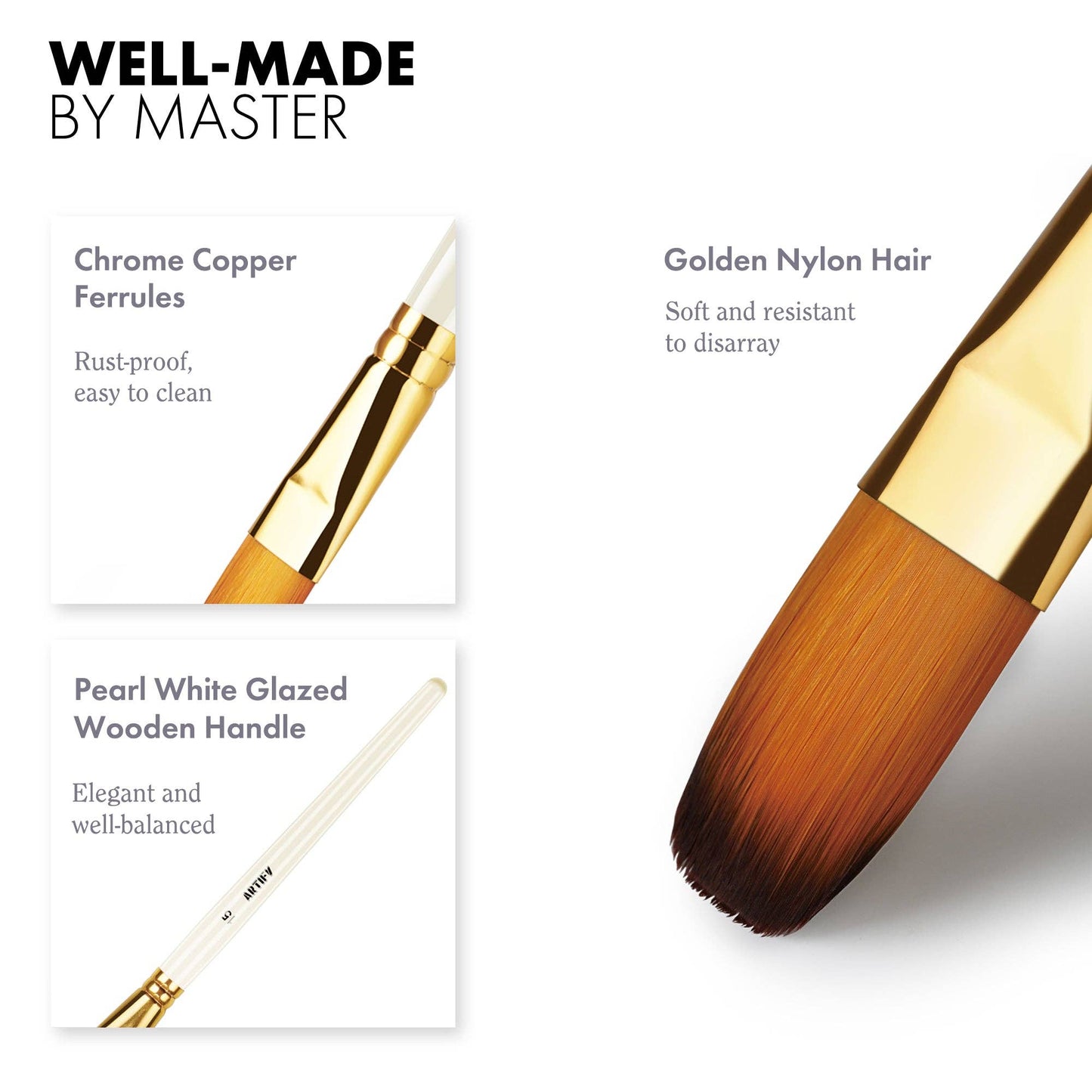 ARTIFY 15 & 18 PCS Nylon Paint Brush Set with Palette Knife & 2 Sponges, Intermediate Series: 15 pcs Pearl White