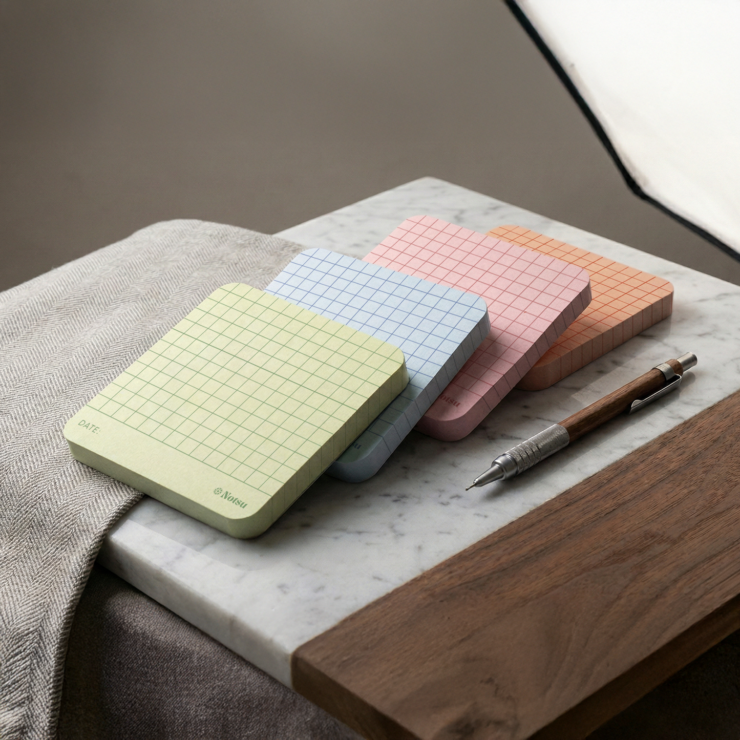 Notsu Graph Grid Sticky Notes 4pk | Premium Thick Paper 120g | Colorful Pastel Graphing Memo Pads with Date, 3" x 3"