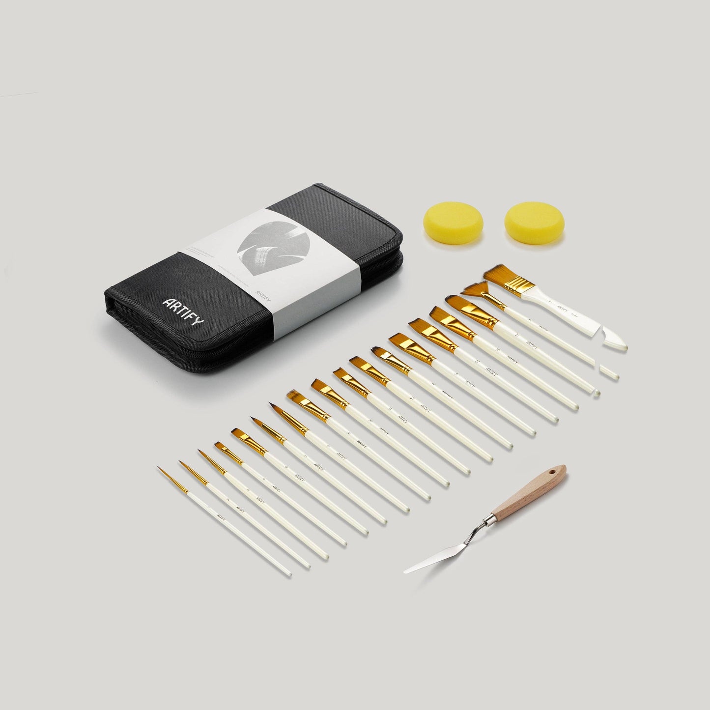 ARTIFY 15 & 18 PCS Nylon Paint Brush Set with Palette Knife & 2 Sponges, Intermediate Series: 15 pcs Pearl White