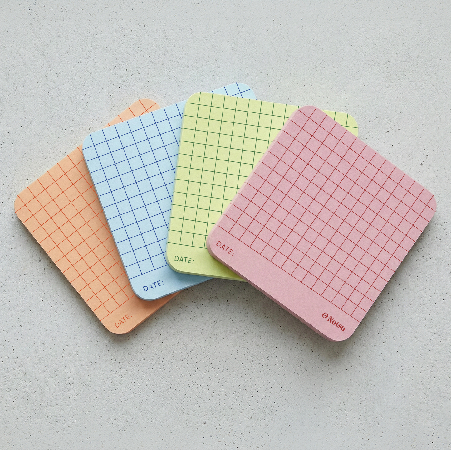 Notsu Graph Grid Sticky Notes 4pk | Premium Thick Paper 120g | Colorful Pastel Graphing Memo Pads with Date, 3" x 3"