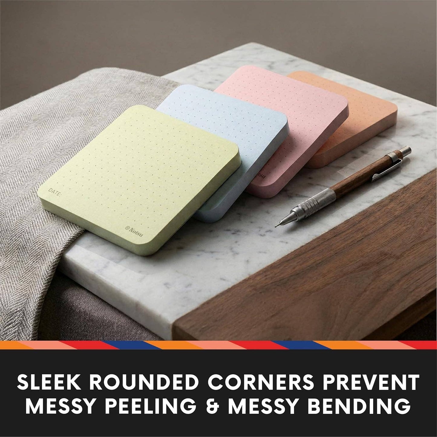 Notsu Dot Grid Sticky Notes 4pk | Premium Thick Paper 120g | Colorful Pastel Dotted Memo Pads with Date, 3" x 3"