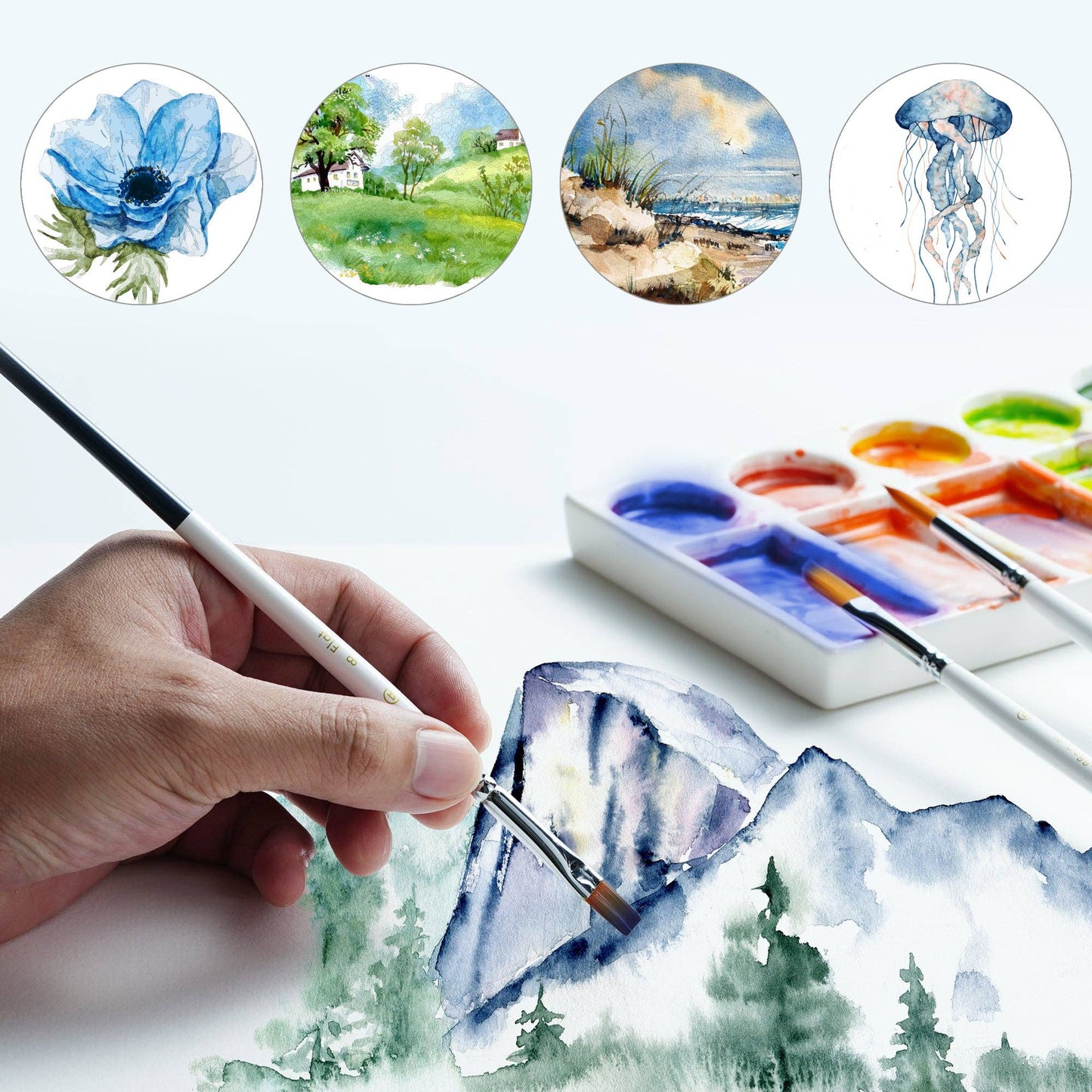 ARTIFY 9 PCS Travel Watercolor Brushes for Beginners & Pros: 9 PCS Camellias