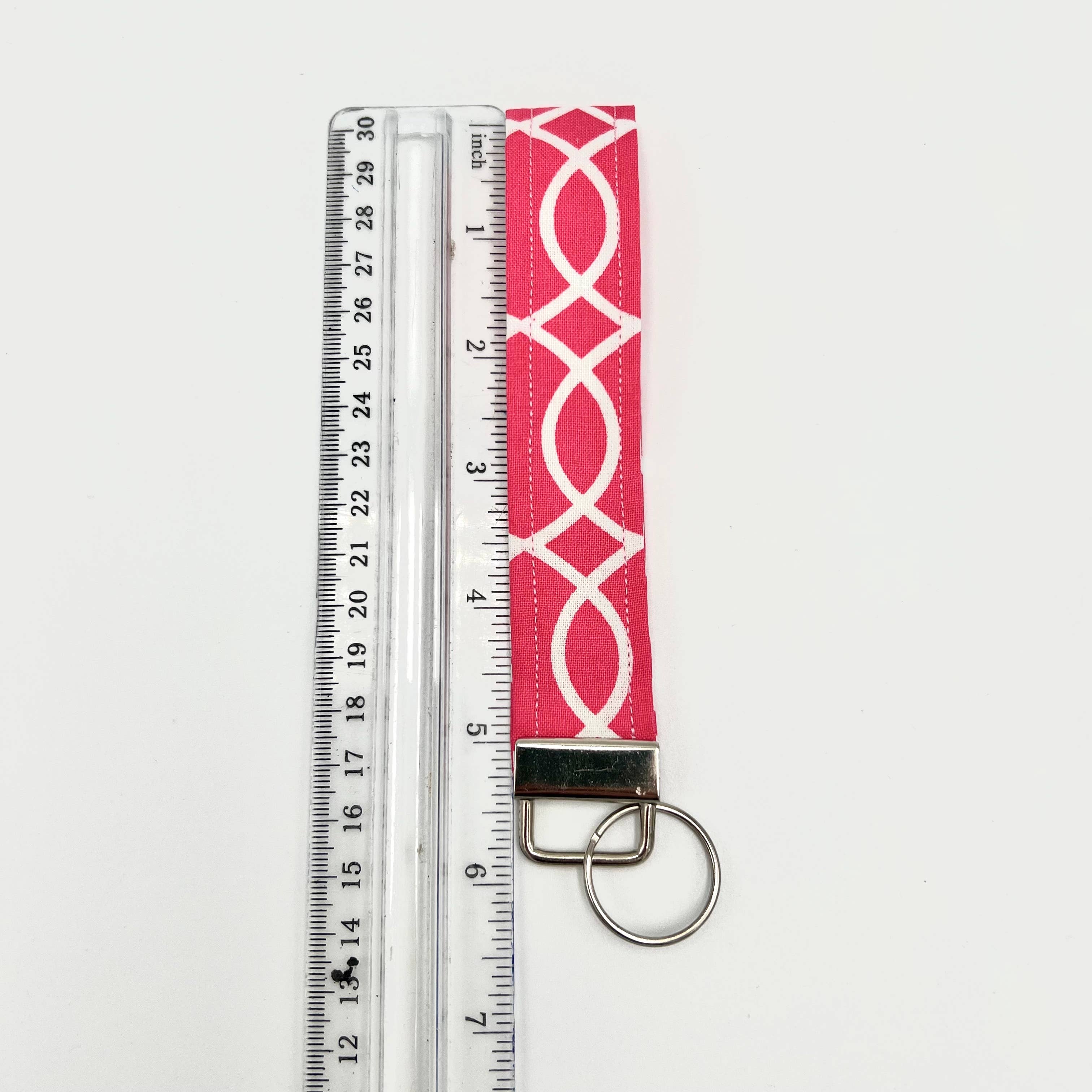 Pink & White Fabric Keychain Wristlet, Key Fob