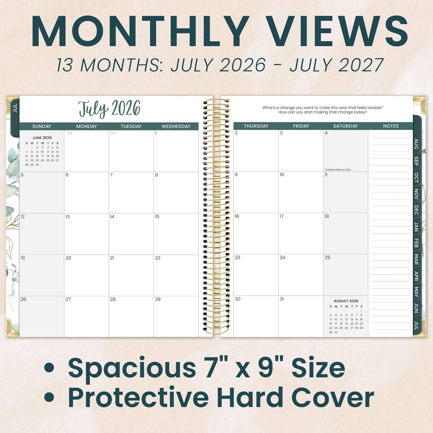 2026-27 Hard Cover Academic Vision Planner, 7x9 Size: Eucalyptus White