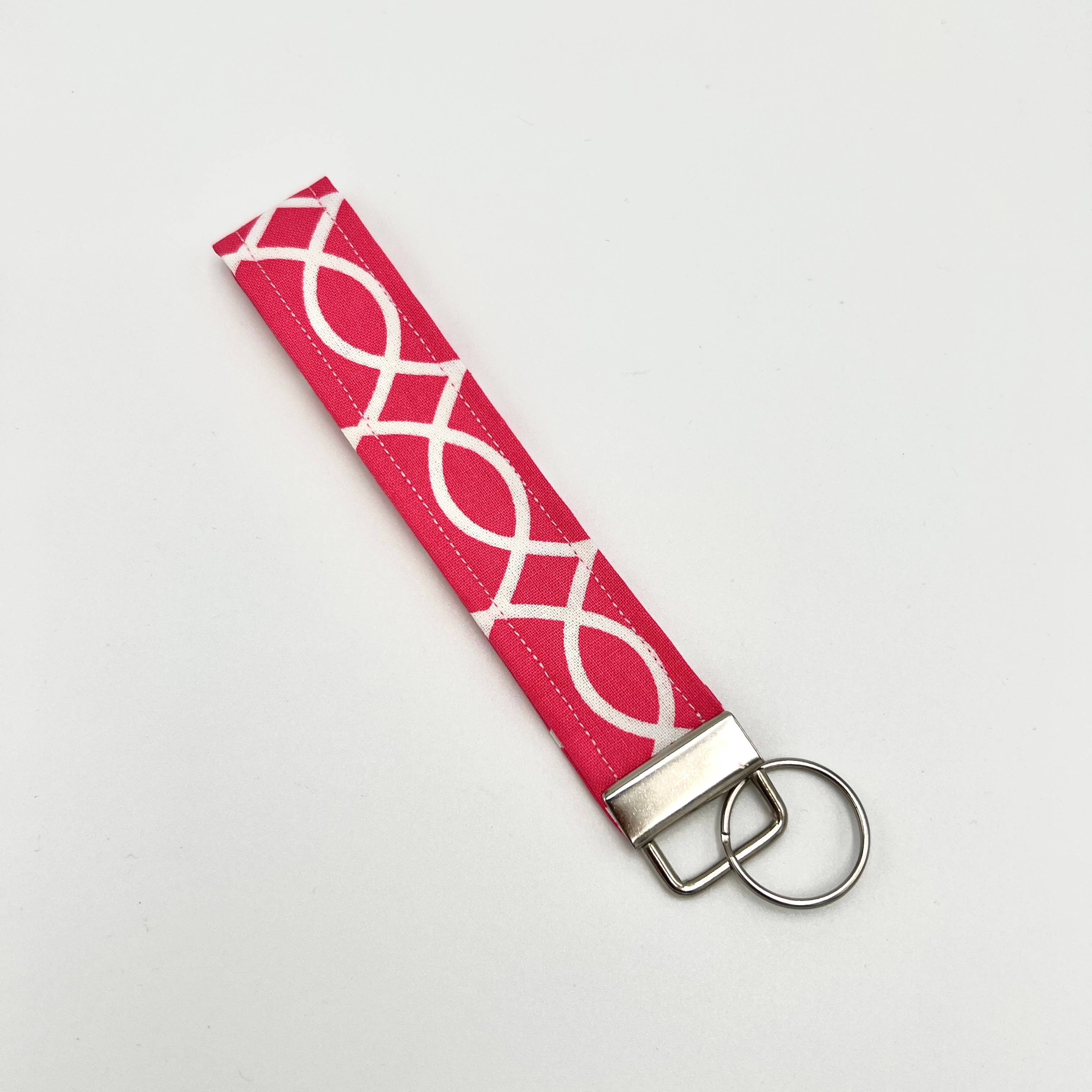 Pink & White Fabric Keychain Wristlet, Key Fob