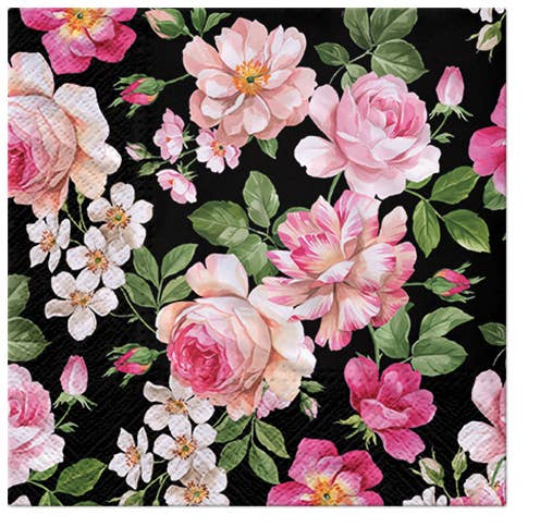 Pink Roses Glory Lunch Napkins - Floral Paper Napkins: Black
