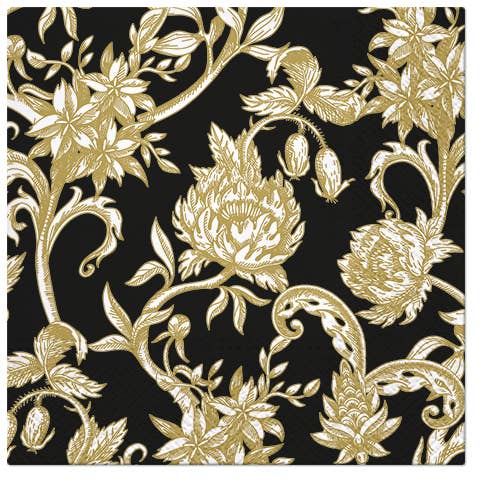 Baroque Flowers on Black Decorative Paper Napkins: Cocktail